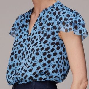 NWT Whistles Brushed Dalmatian Print Blue Spotted Blouse, Lined, US Size‎ 14